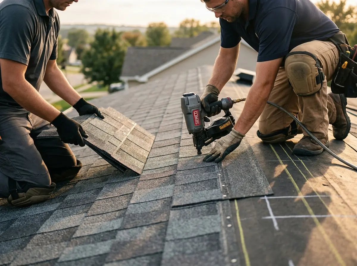 Professional roofer working on a residential roof in East Aurora